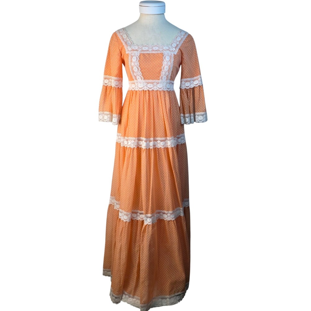 Nadine VTG 1970s Peach Polka Dot Lace Maxi Dress 7‎ Bell Sleeve Empire Waist